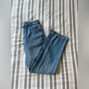 denim straight leg jeans with frayed ends